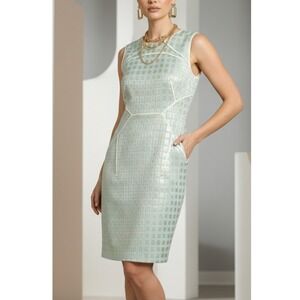 Per Se by Carlisle Metallic Aqua Sheath Dress Women's 6 Jacquard Silk Mod 50s